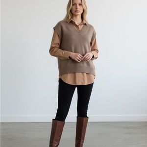 Chic Tan Knit Vest with Brown Shirt